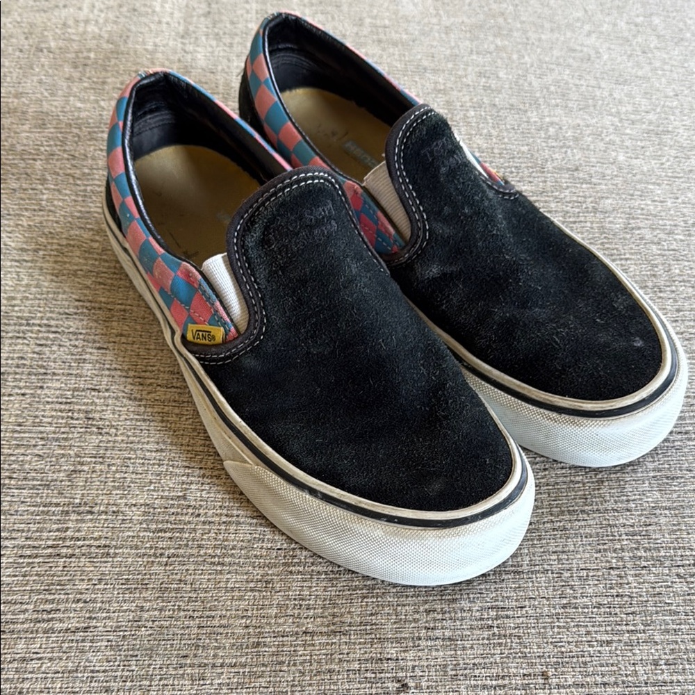 Vans Black Suede Slip-On Sneakers with Pink & Blue Checker Trim
